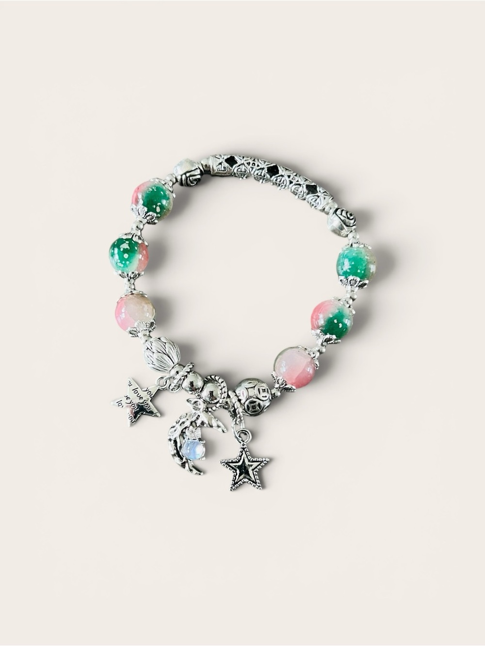 Glass Beaded Silver Tone Stretch Bracelet - Watermelon Shades, Celestial Charms